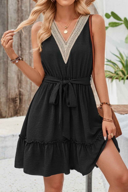 V Neck Sleeveless Belted A-line Tiered Dress