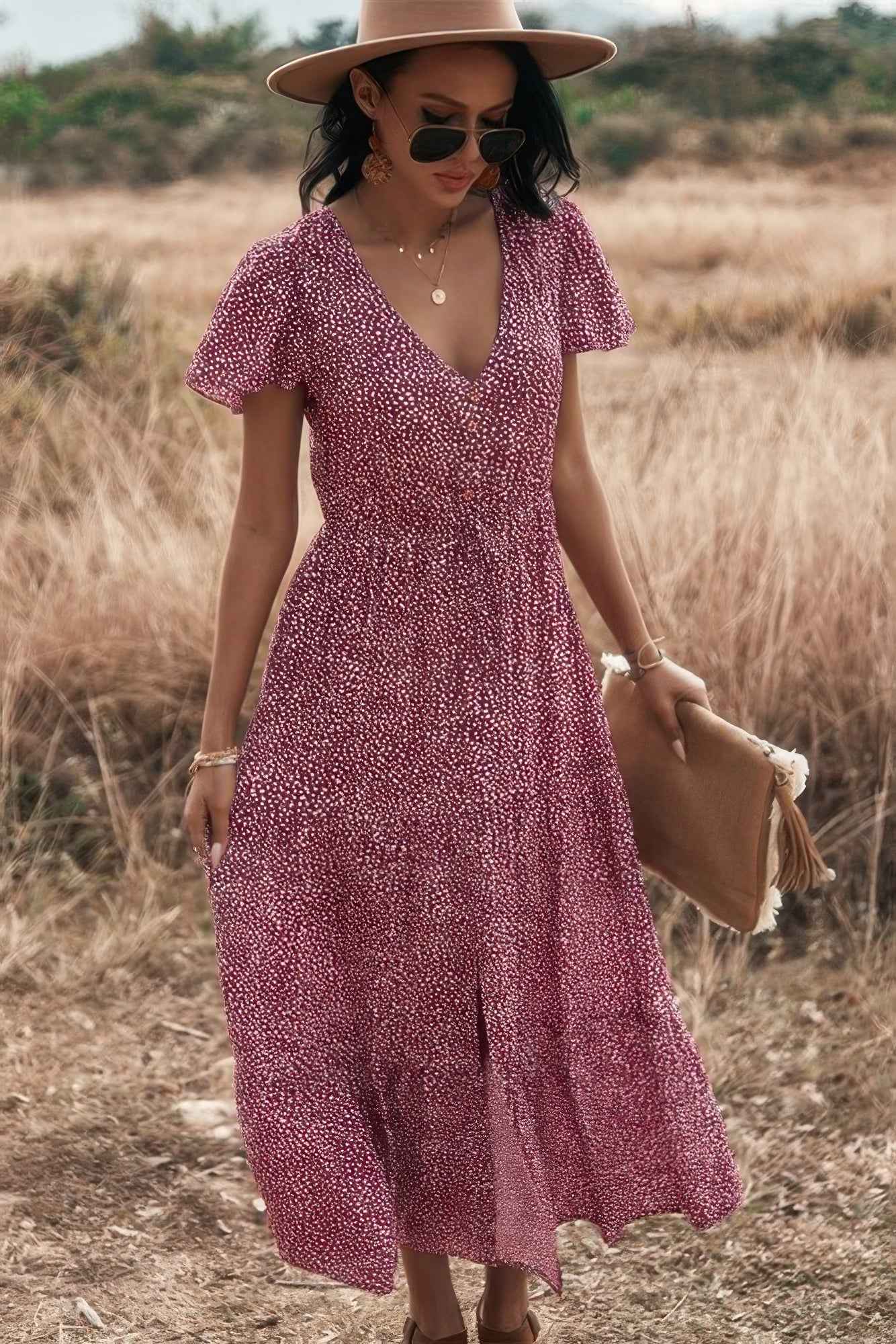 V Neck Polka Dot Short Sleeve Dress