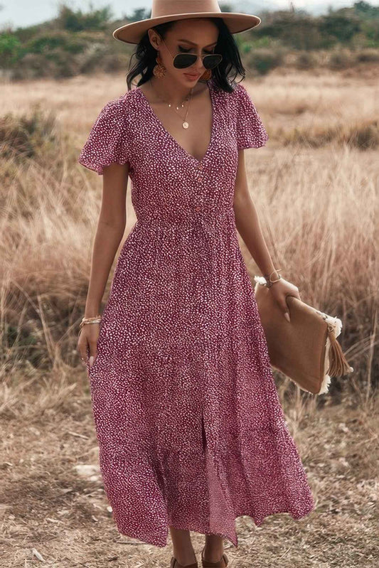 V Neck Polka Dot Short Sleeve Dress