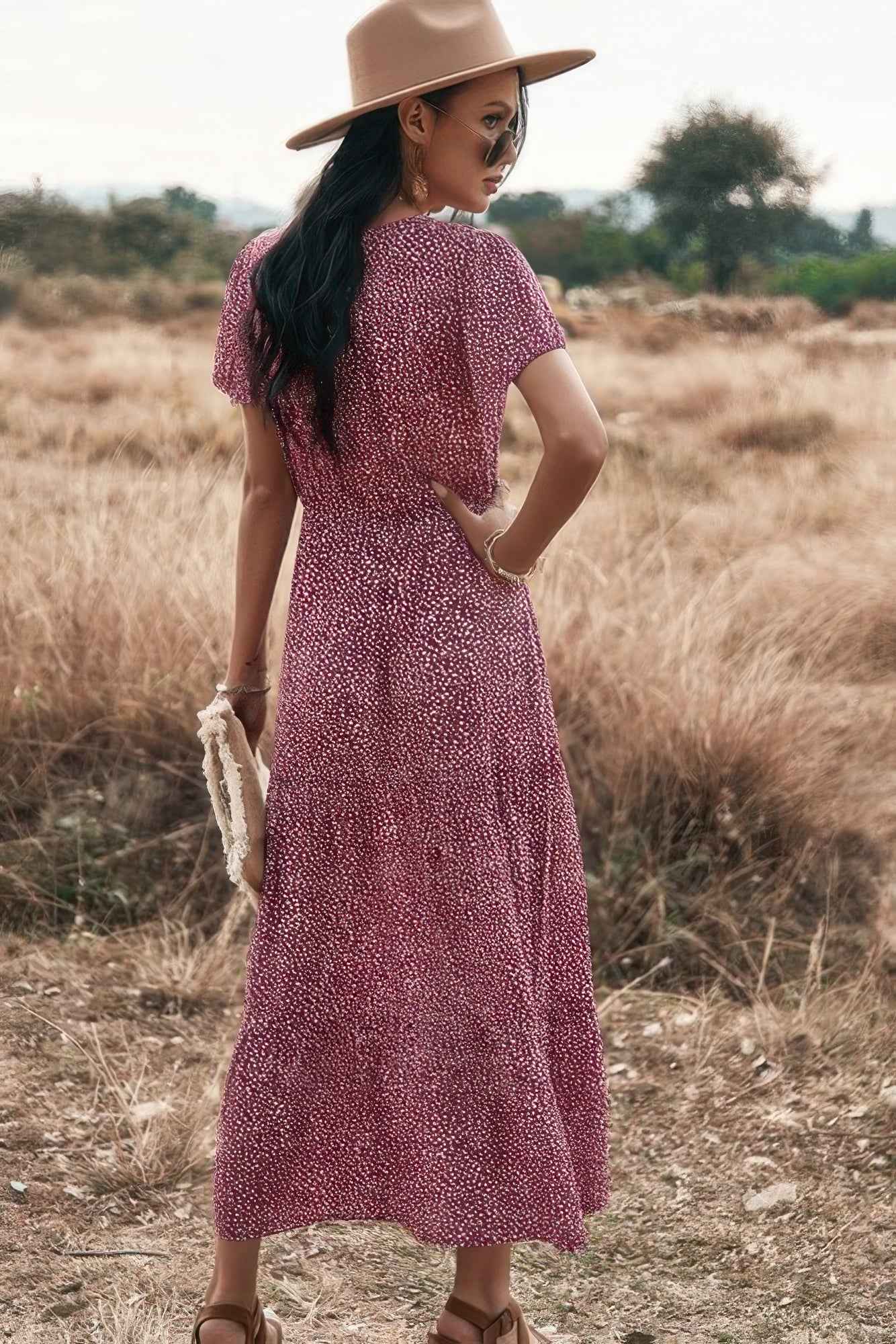 V Neck Polka Dot Short Sleeve Dress