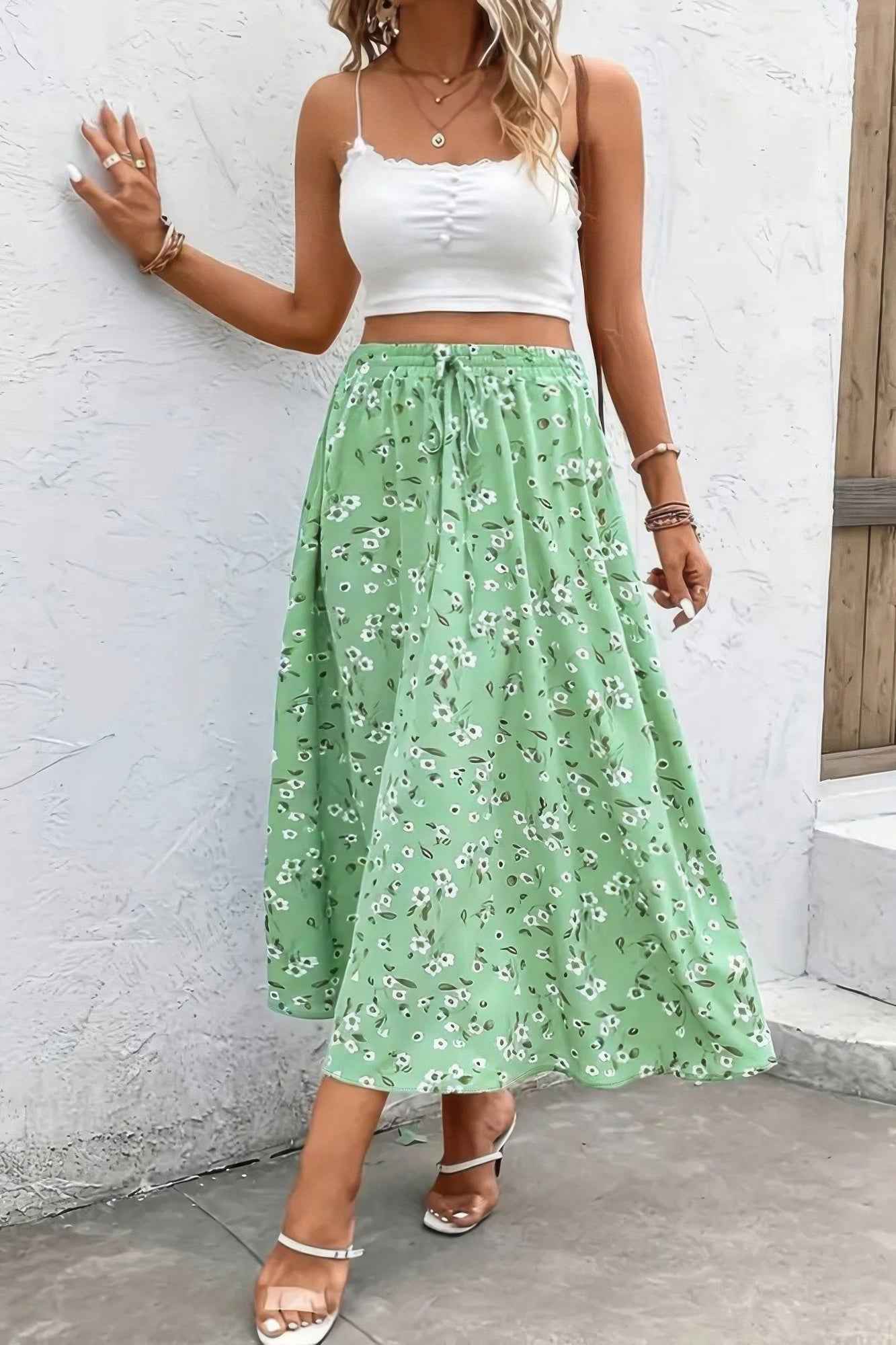 Plus Floral Print Drawstring Waist Fit Skirt