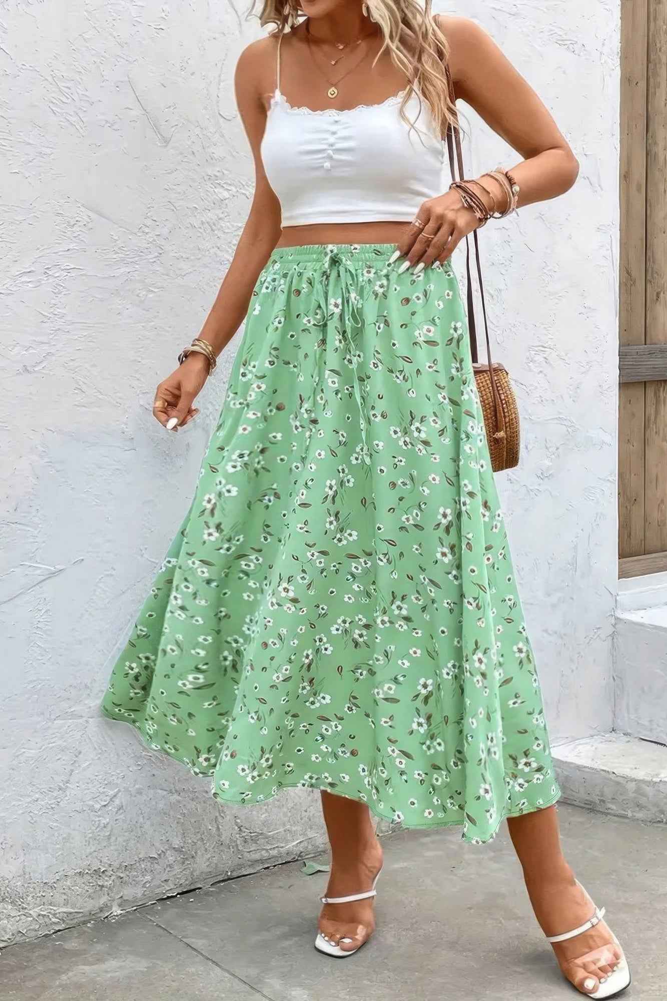 Plus Floral Print Drawstring Waist Fit Skirt