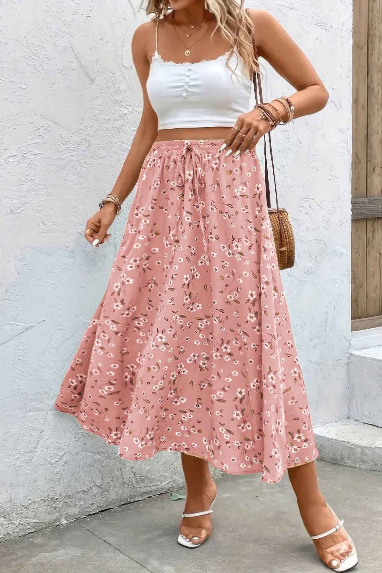 Plus Floral Print Drawstring Waist Fit Skirt