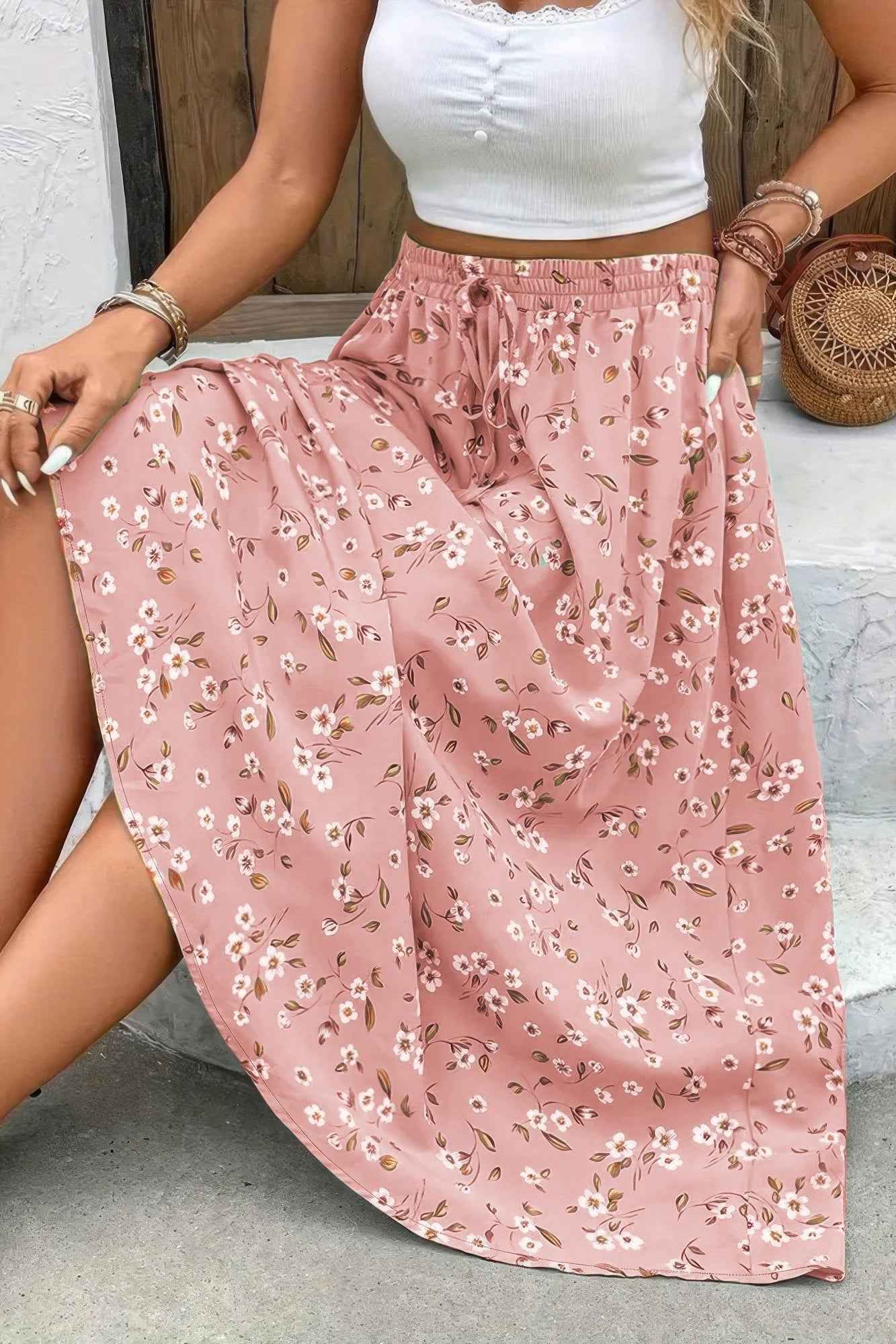 Plus Floral Print Drawstring Waist Fit Skirt