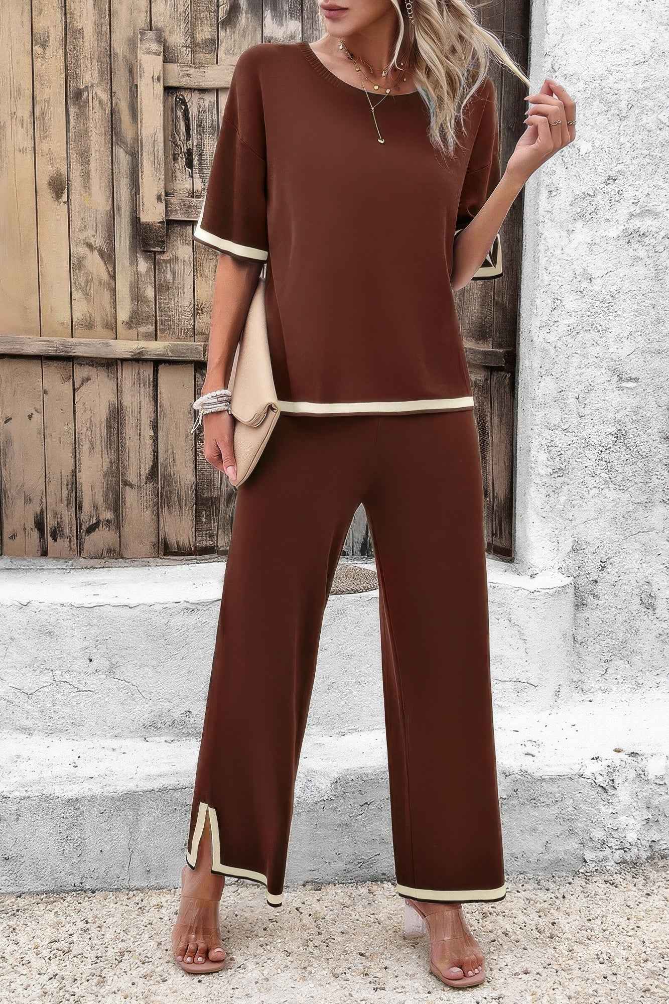 Two Pieces Outfits Knit Short Sleeve Wide Leg Loun