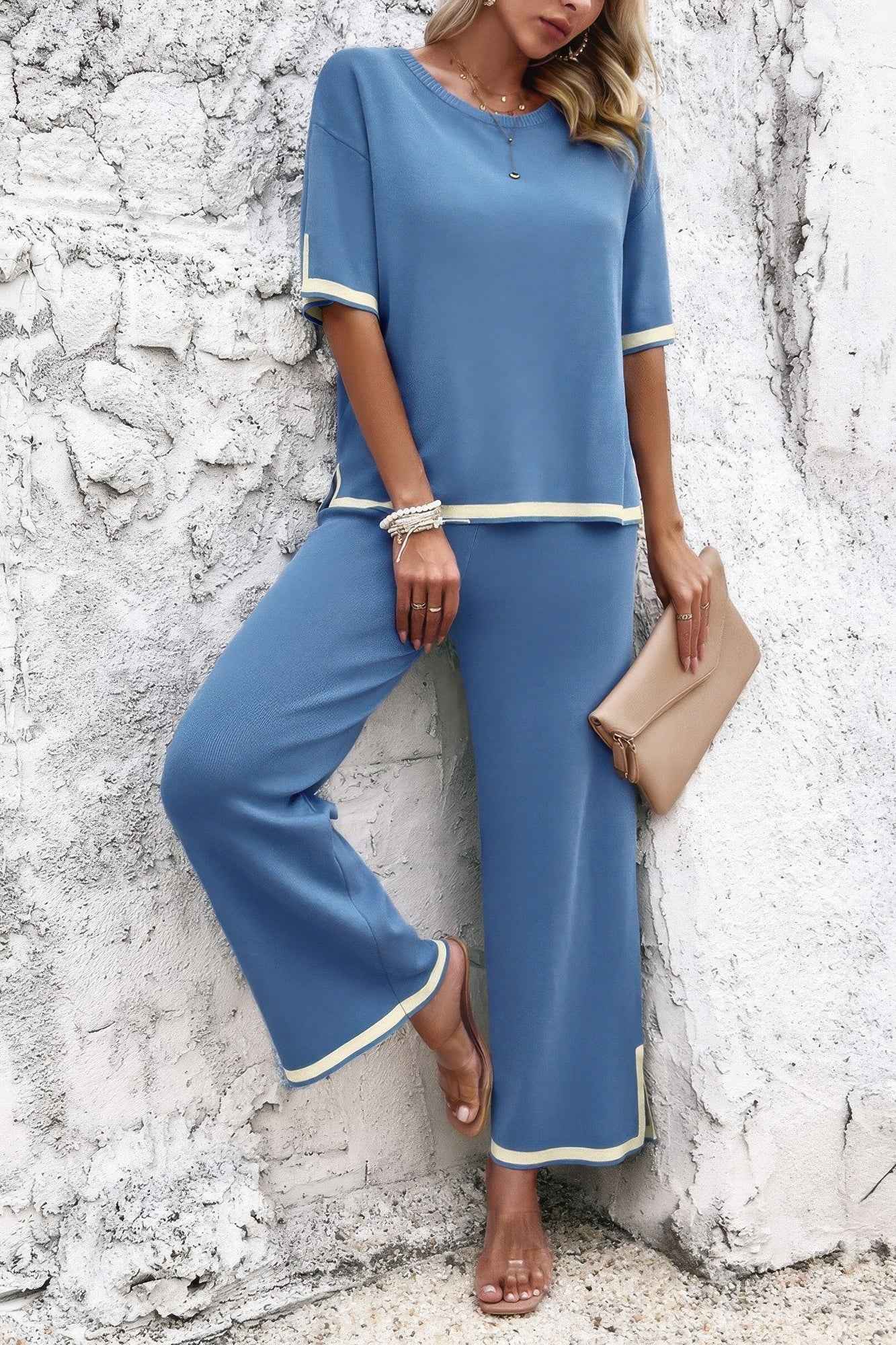 Two Pieces Outfits Knit Short Sleeve Wide Leg Loun