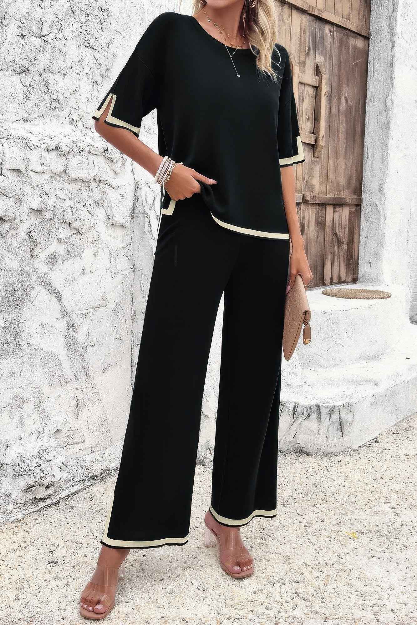 Two Pieces Outfits Knit Short Sleeve Wide Leg Loun