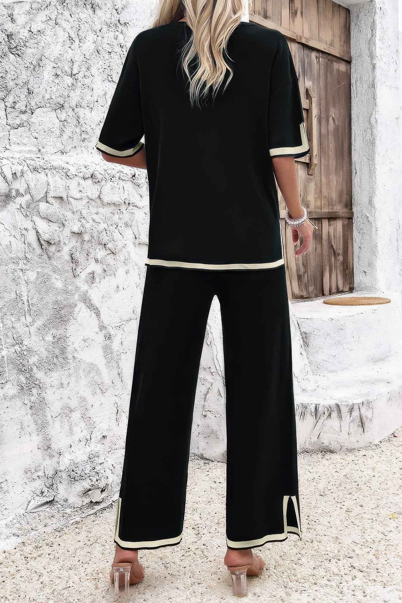 Two Pieces Outfits Knit Short Sleeve Wide Leg Loun