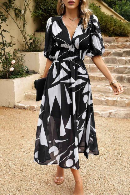 Bohemian V Neck Elastic Waisted Band Midi Dress