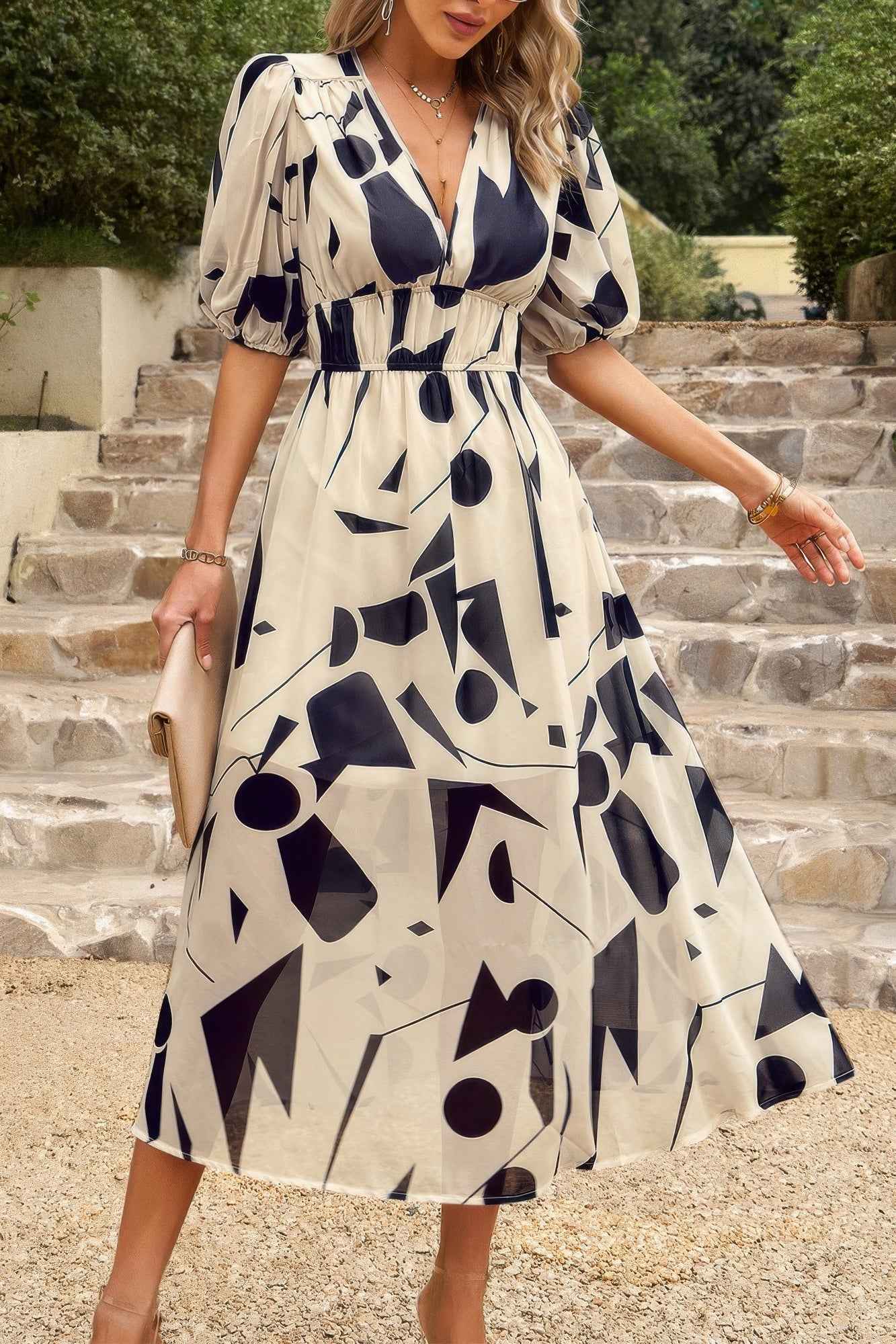 Bohemian V Neck Elastic Waisted Band Midi Dress