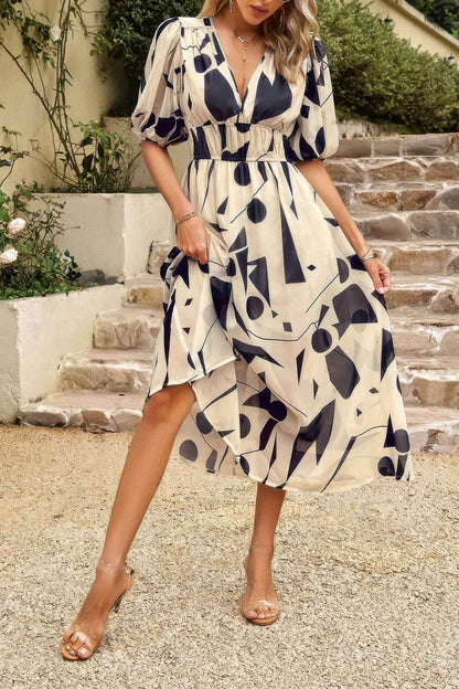 Bohemian V Neck Elastic Waisted Band Midi Dress