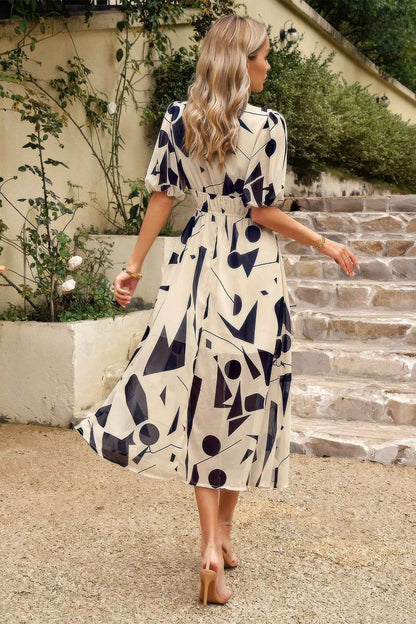 Bohemian V Neck Elastic Waisted Band Midi Dress