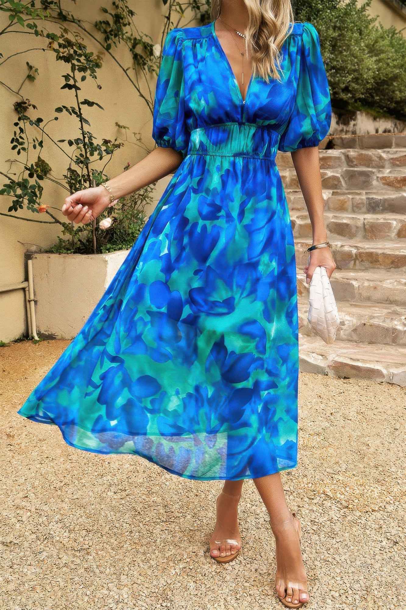 Bohemian V Neck Elastic Waisted Band Midi Dress