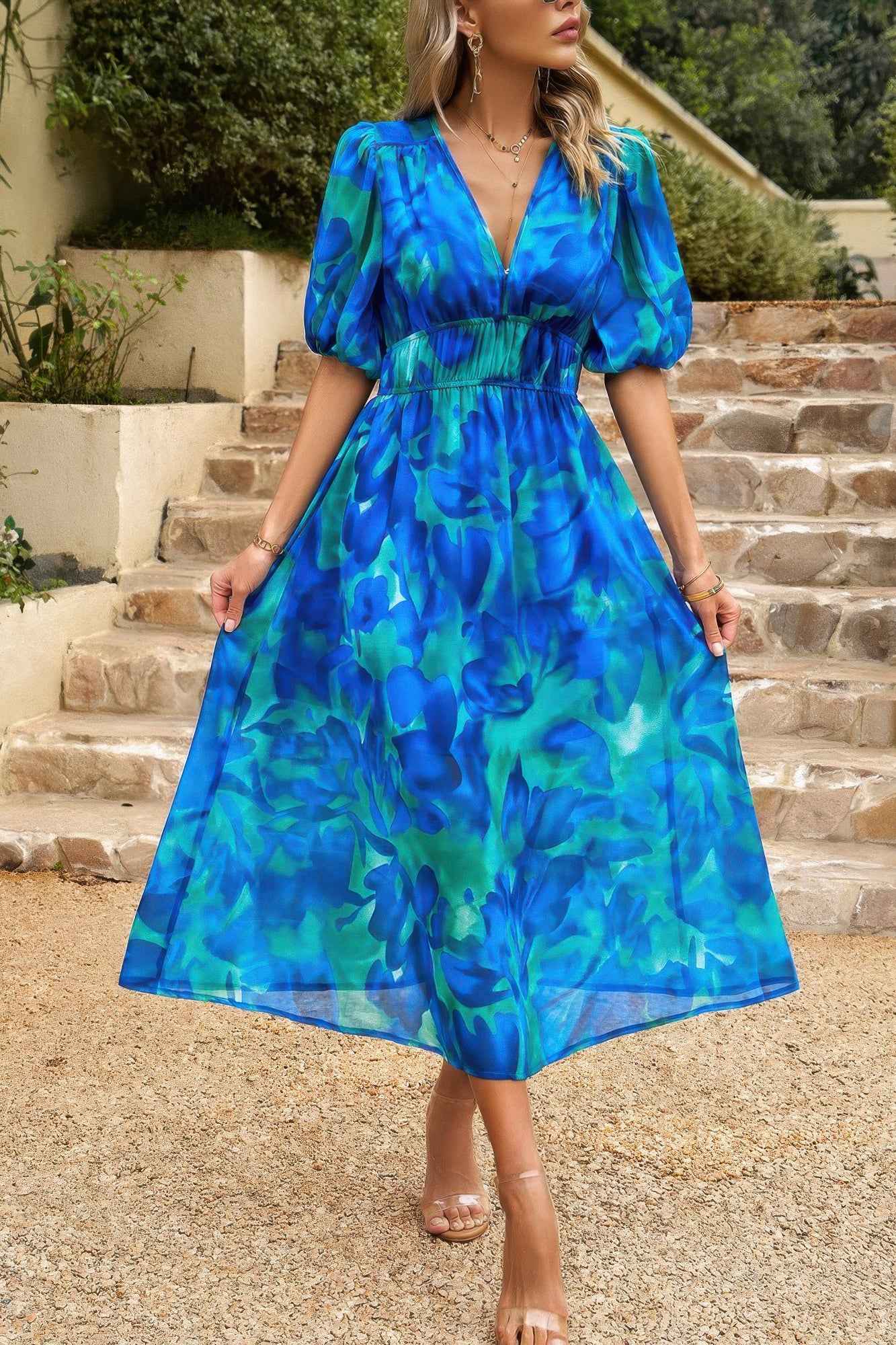 Bohemian V Neck Elastic Waisted Band Midi Dress