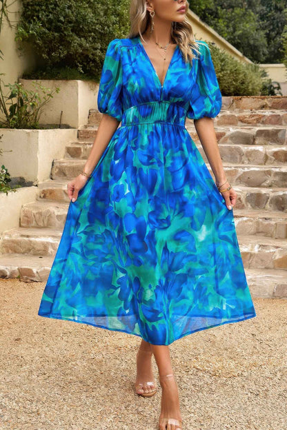 Bohemian V Neck Elastic Waisted Band Midi Dress