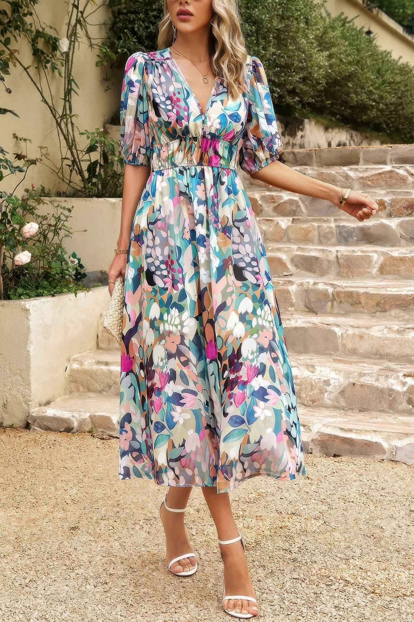 Bohemian V Neck Elastic Waisted Band Midi Dress