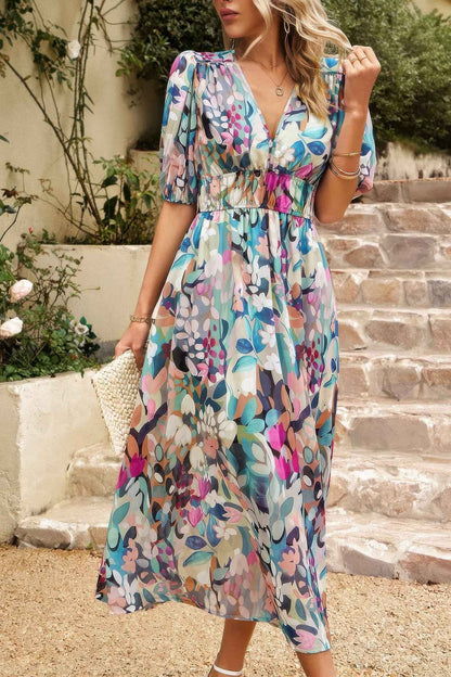 Bohemian V Neck Elastic Waisted Band Midi Dress