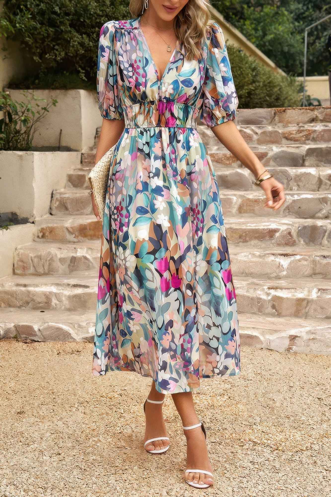 Bohemian V Neck Elastic Waisted Band Midi Dress