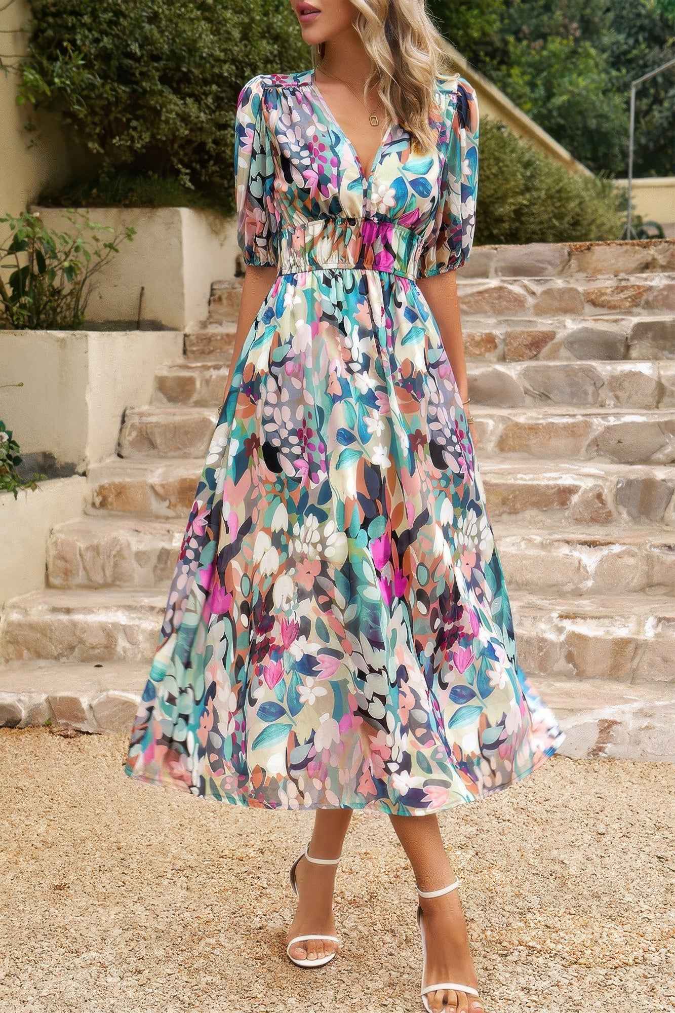 Bohemian V Neck Elastic Waisted Band Midi Dress