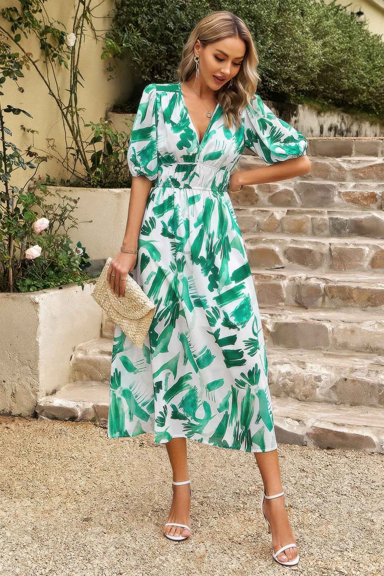 Bohemian V Neck Elastic Waisted Band Midi Dress