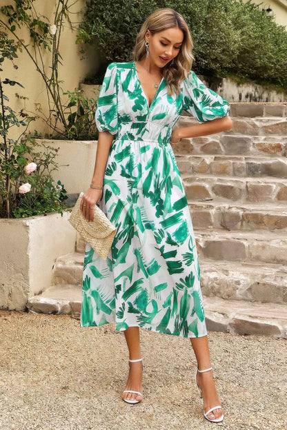 Bohemian V Neck Elastic Waisted Band Midi Dress