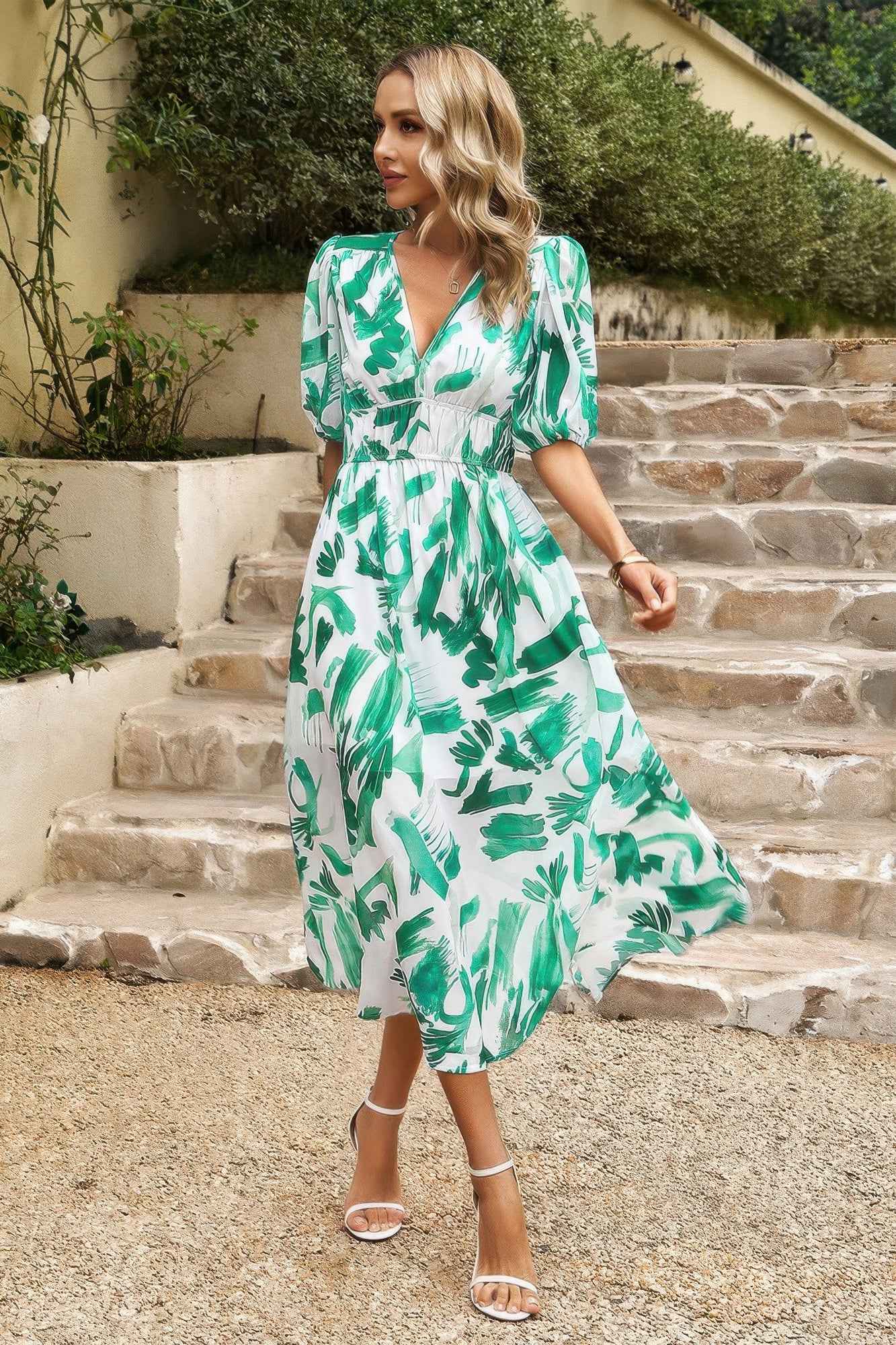 Bohemian V Neck Elastic Waisted Band Midi Dress