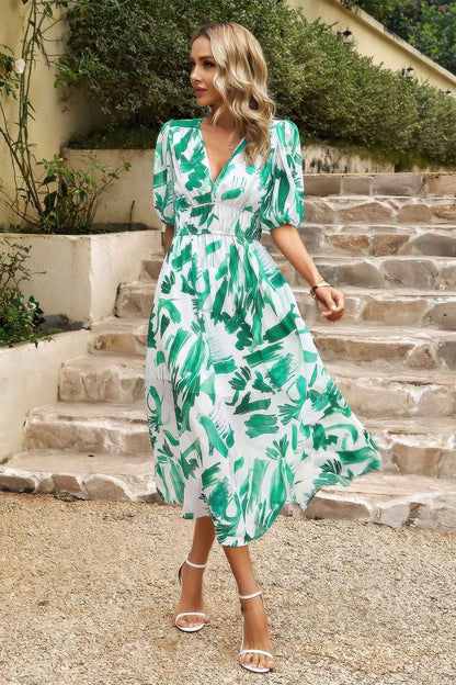 Bohemian V Neck Elastic Waisted Band Midi Dress