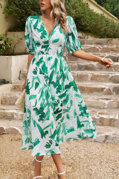 Bohemian V Neck Elastic Waisted Band Midi Dress