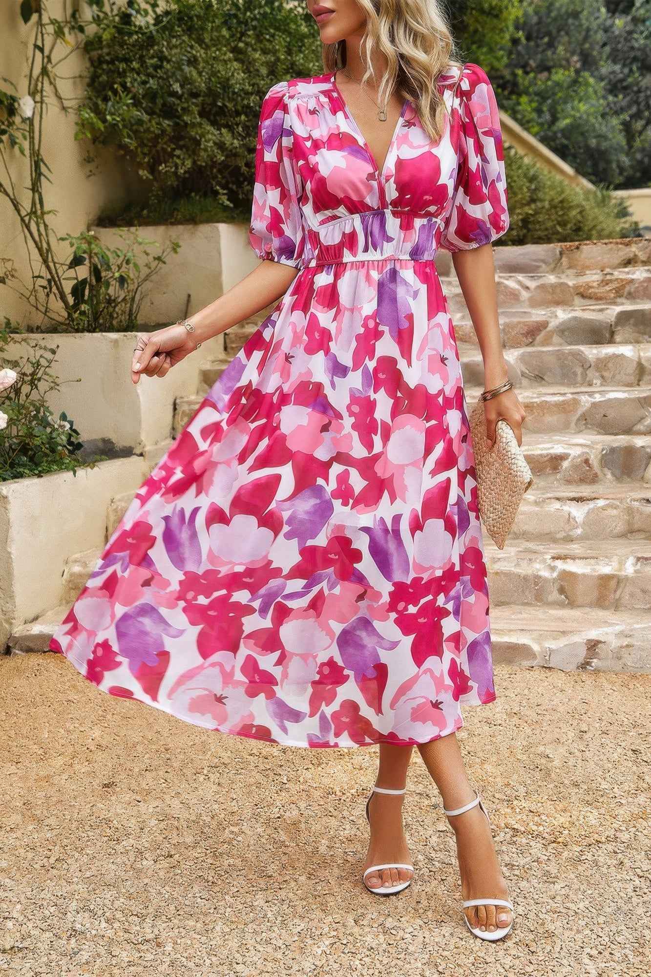 Bohemian V Neck Elastic Waisted Band Midi Dress