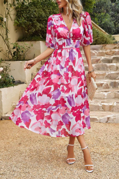 Bohemian V Neck Elastic Waisted Band Midi Dress