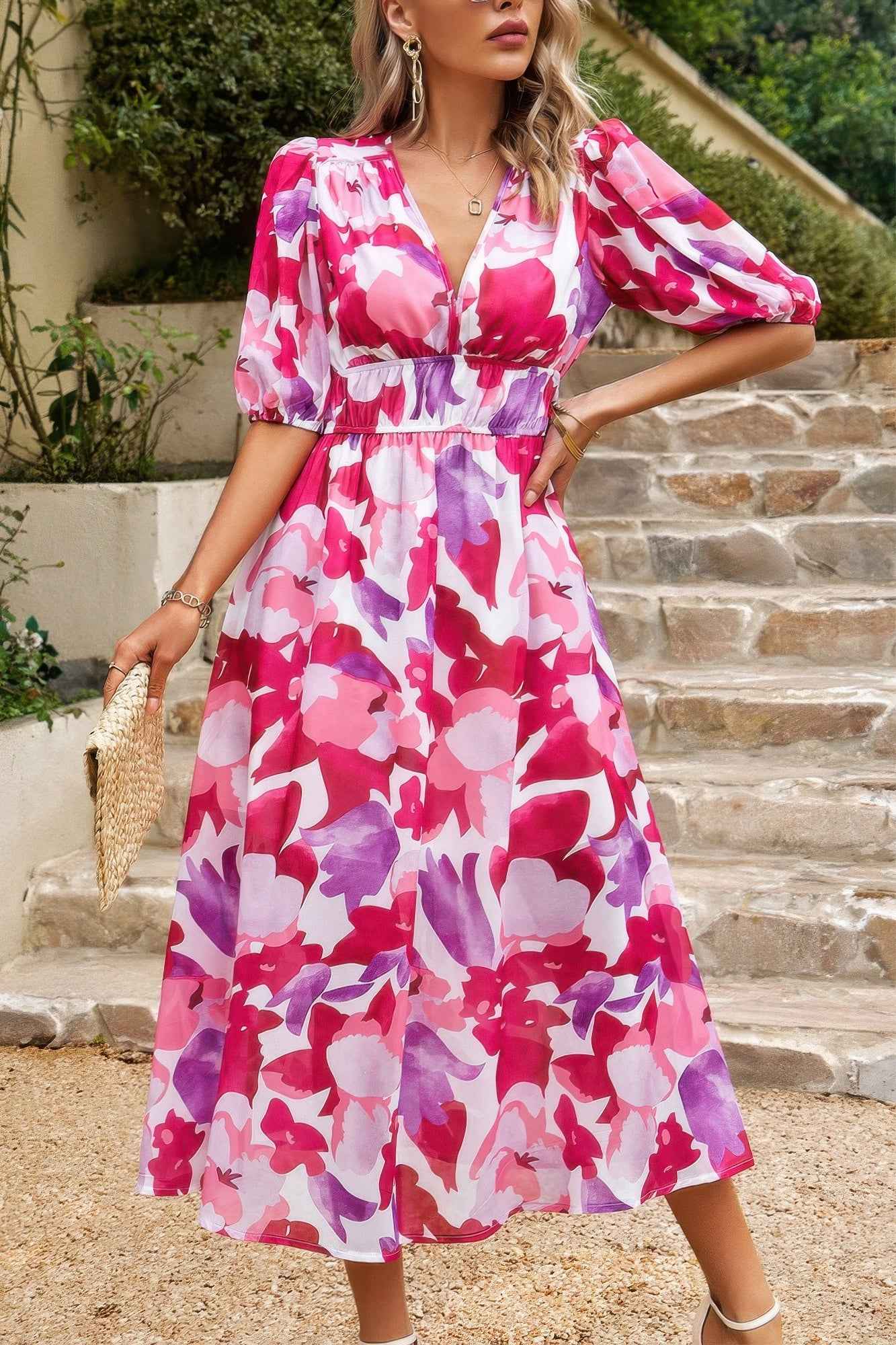 Bohemian V Neck Elastic Waisted Band Midi Dress