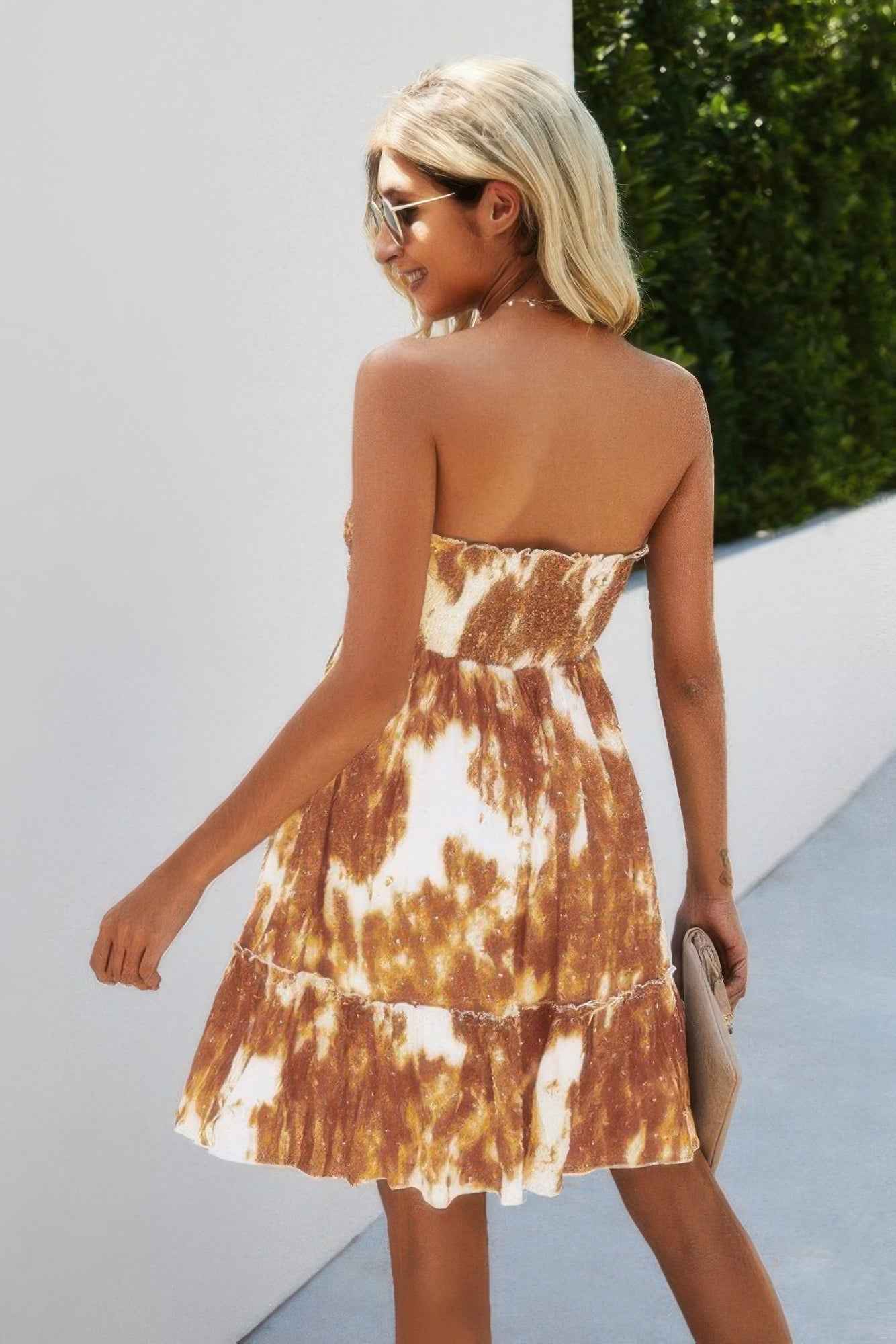 Tie Dye Knot Shirred Short Tube Dress