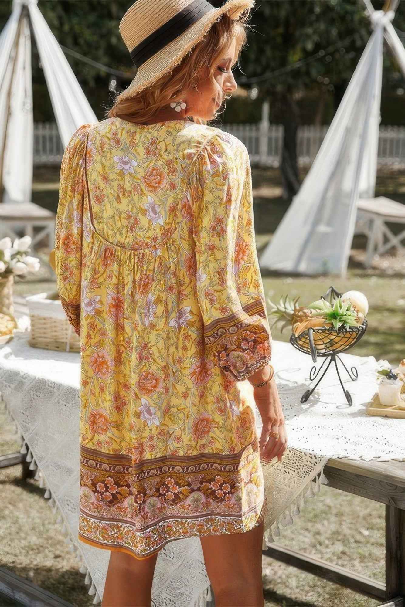 Floral V Neck Long Sleeve Boho A Line Dress