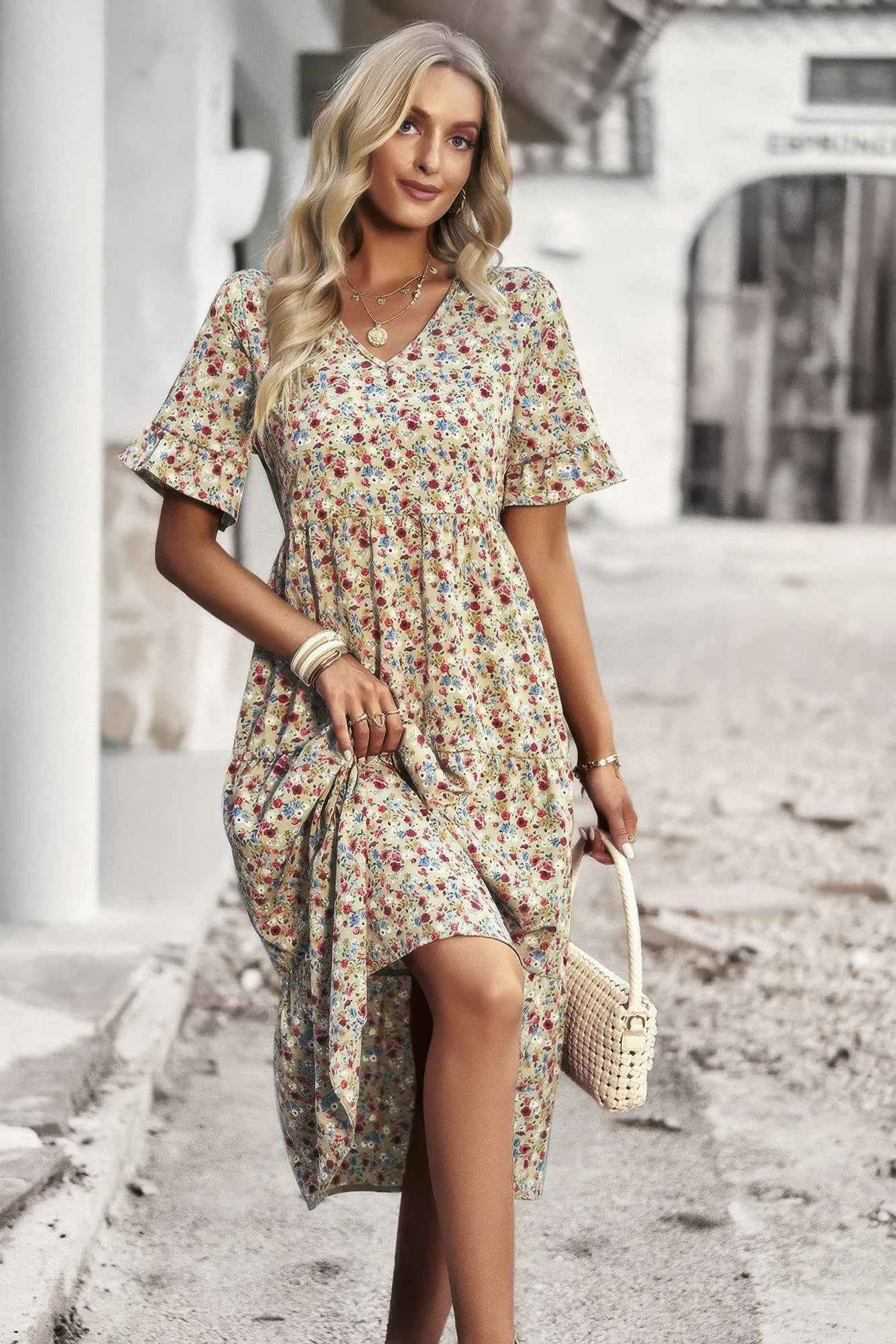 Boho Floral Ruffle Hem V Neck Short Sleeve Dress