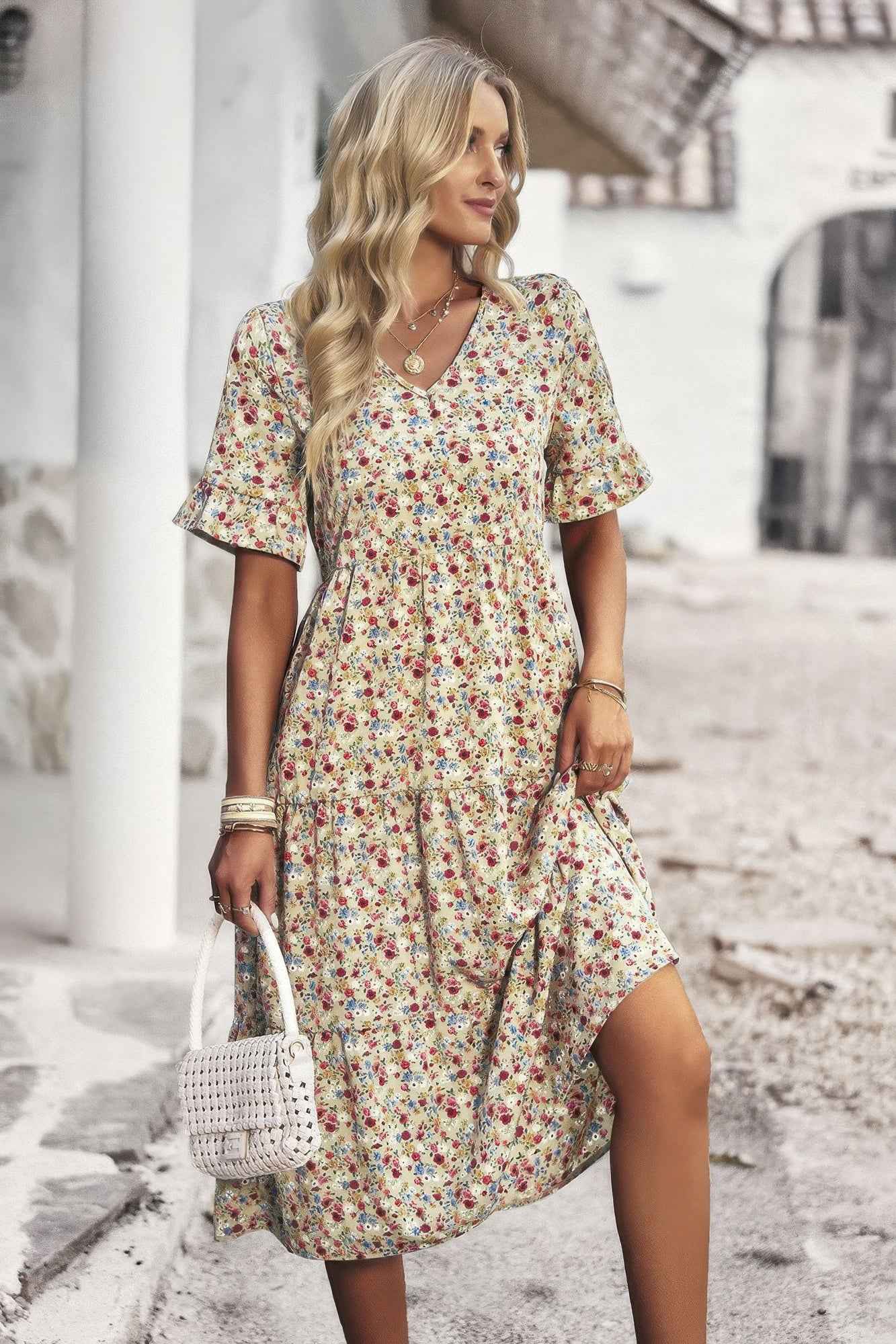 Boho Floral Ruffle Hem V Neck Short Sleeve Dress