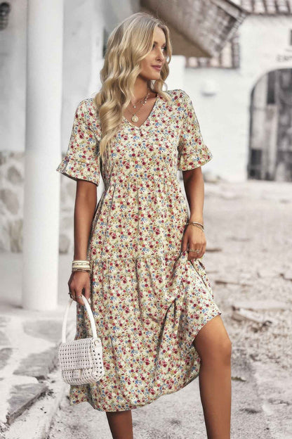 Boho Floral Ruffle Hem V Neck Short Sleeve Dress