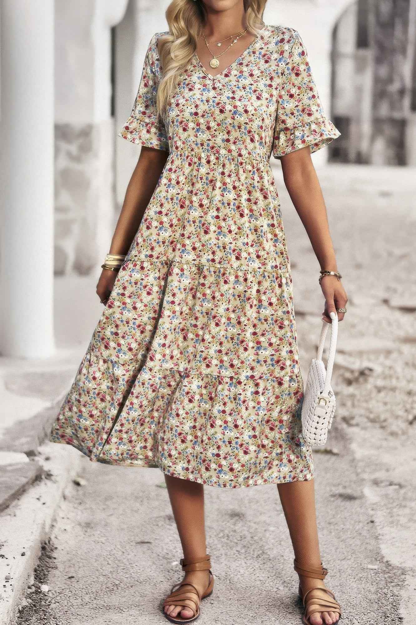 Boho Floral Ruffle Hem V Neck Short Sleeve Dress