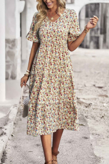 Boho Floral Ruffle Hem V Neck Short Sleeve Dress