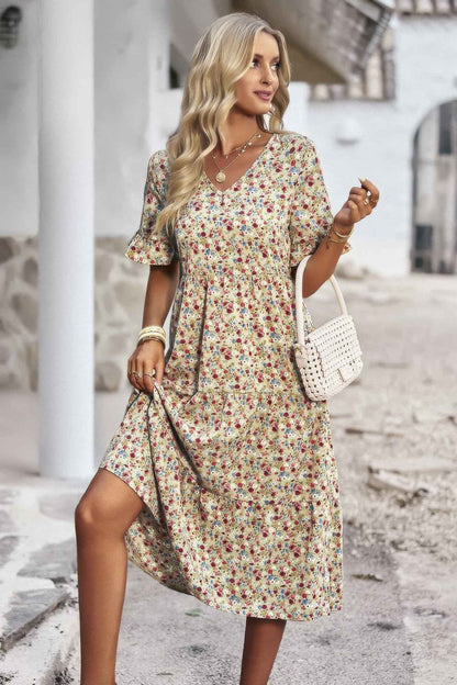Boho Floral Ruffle Hem V Neck Short Sleeve Dress