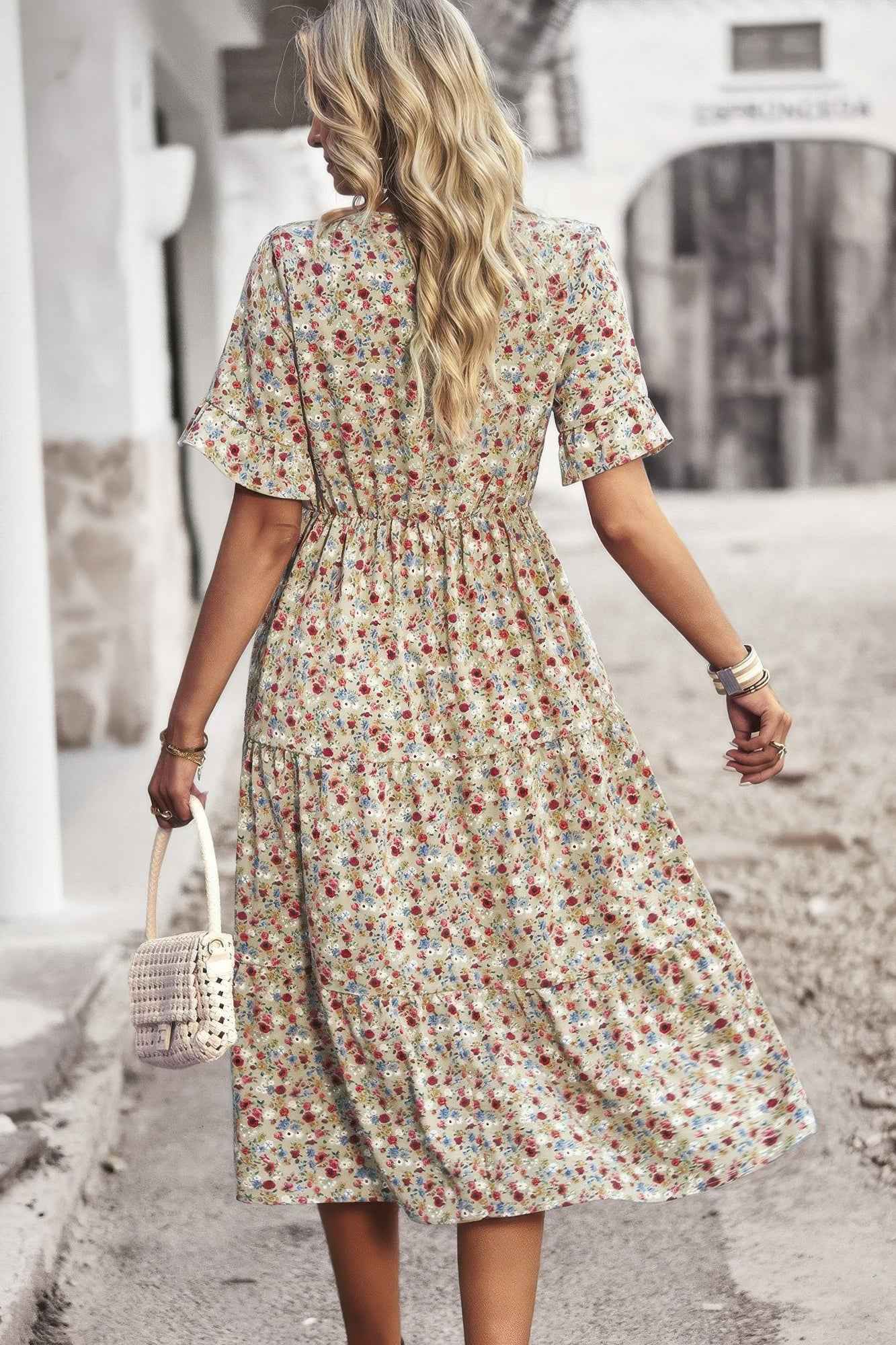 Boho Floral Ruffle Hem V Neck Short Sleeve Dress