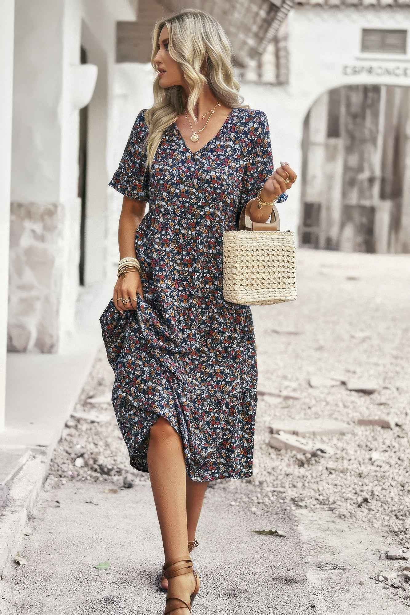 Boho Floral Ruffle Hem V Neck Short Sleeve Dress