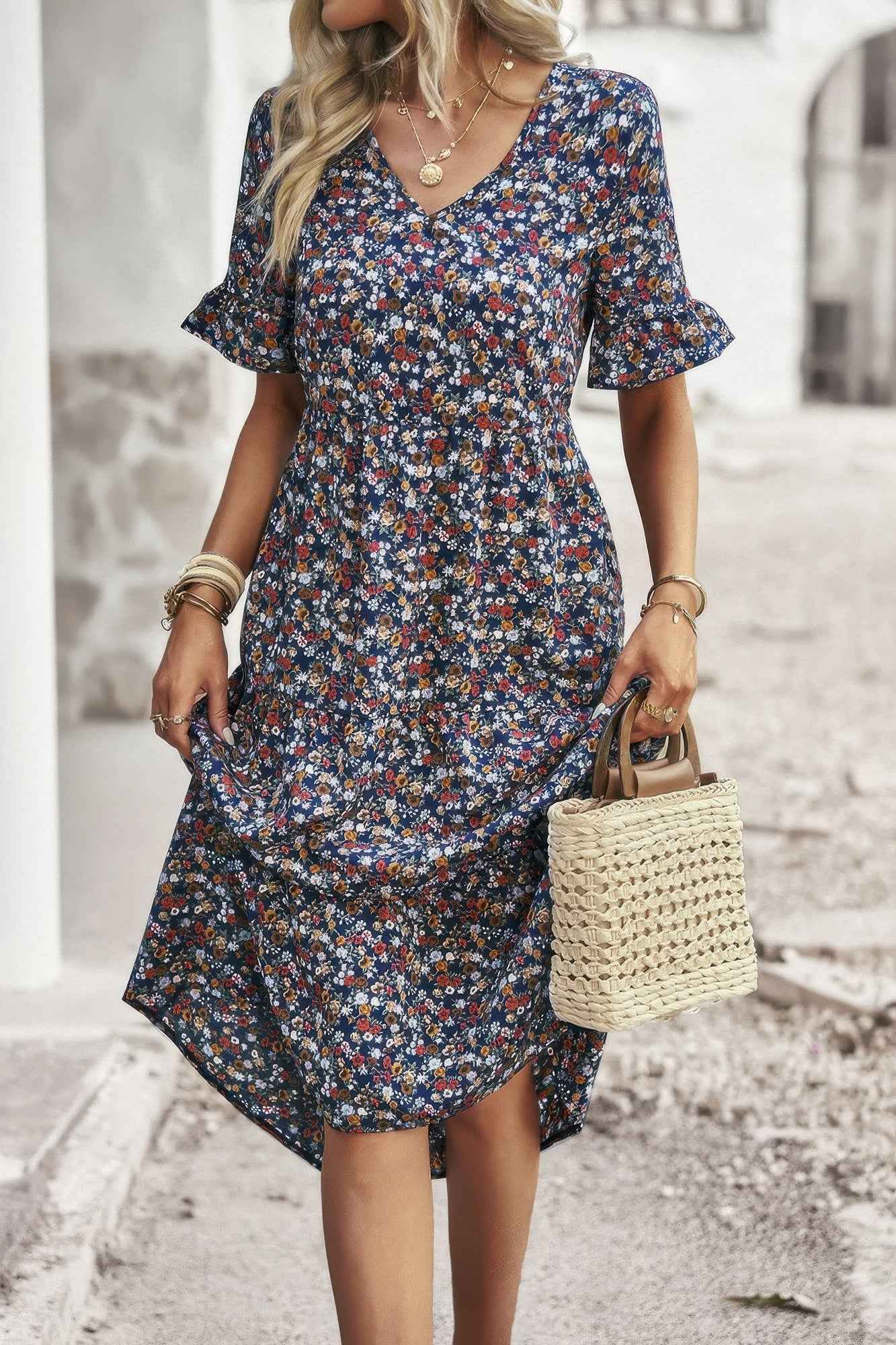 Boho Floral Ruffle Hem V Neck Short Sleeve Dress
