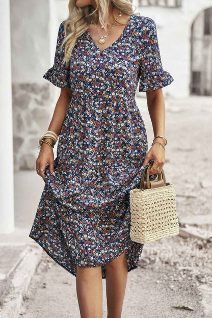 Boho Floral Ruffle Hem V Neck Short Sleeve Dress