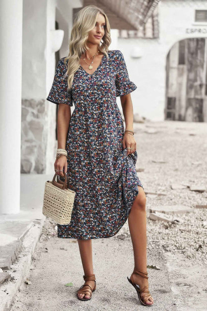 Boho Floral Ruffle Hem V Neck Short Sleeve Dress