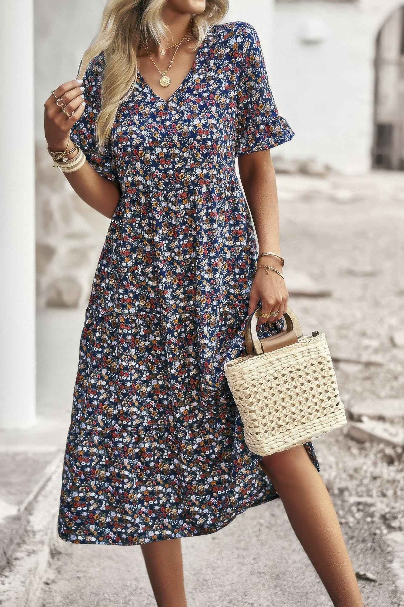 Boho Floral Ruffle Hem V Neck Short Sleeve Dress