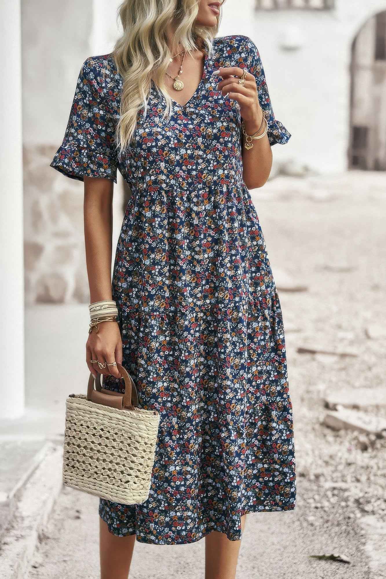 Boho Floral Ruffle Hem V Neck Short Sleeve Dress