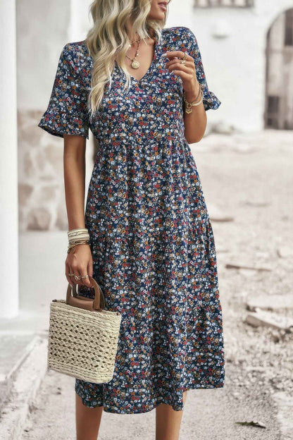 Boho Floral Ruffle Hem V Neck Short Sleeve Dress