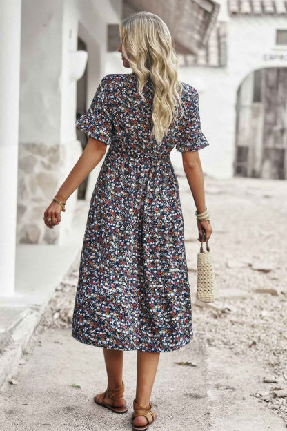 Boho Floral Ruffle Hem V Neck Short Sleeve Dress