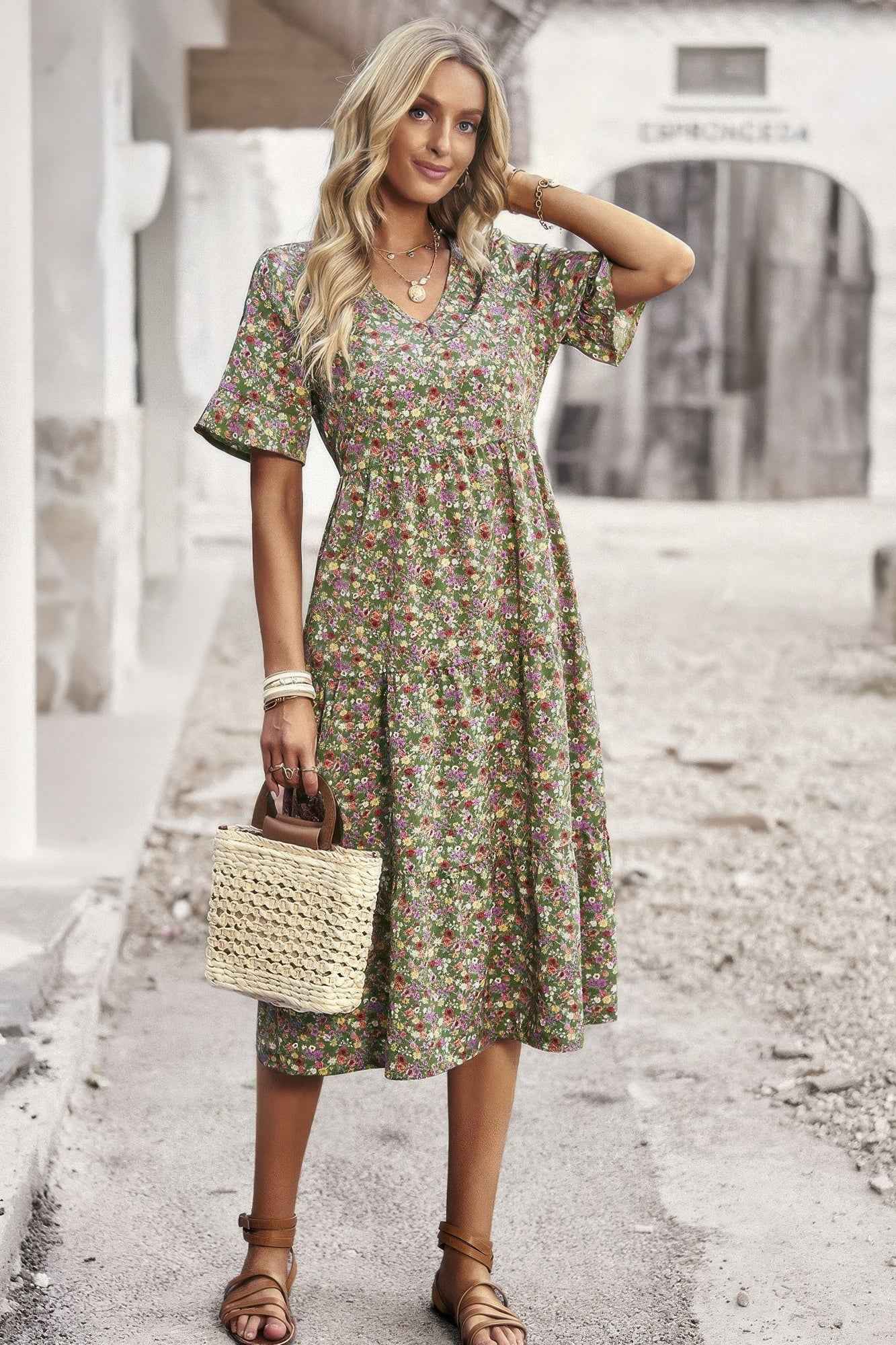 Boho Floral Ruffle Hem V Neck Short Sleeve Dress