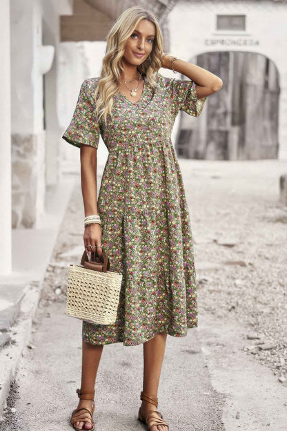 Boho Floral Ruffle Hem V Neck Short Sleeve Dress